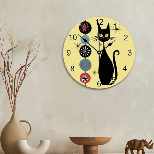 Miniatura 4 de ArogGeld Reloj de pared de gato genial, reloj de madera moderno de mediados de siglo, 10 silencioso, sin tictac, de cuarzo, funciona