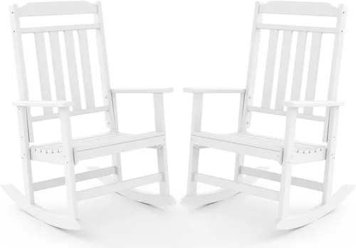 Miniatura 13 de GREENVINES Juego de 2 sillas mecedoras para exteriores Plástico HDPE Mecedoras de patio Silla mecedora de porche De gran tamaño Respaldo