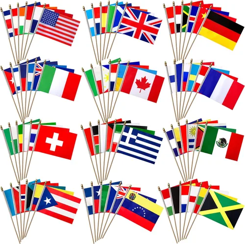 Banderas internacionales de 100 países en palo de madera, pequeñas banderas de mano para eventos deportivos, festival internacional, 5 x 8 pulgadas