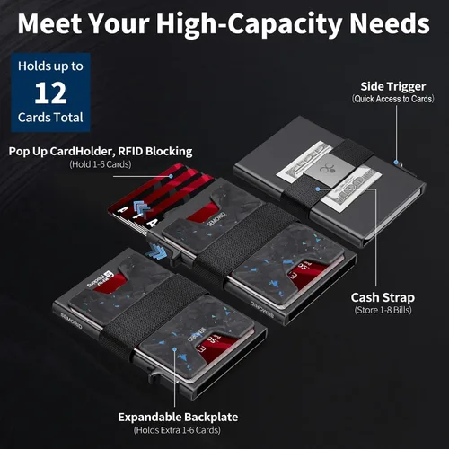 Miniatura 86 de Cartera delgada de aluminio para hombre, placa trasera expandible duradera, bloqueo RFID, billetera desplegable de metal minimalista, con capacidad