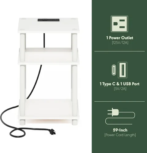 Miniatura 7 de Furinno JUST - Mesa auxiliar moderna de 3 niveles con estación de carga, mesita de noche de fácil montaje, mesita de noche con puerto USB y tipo C