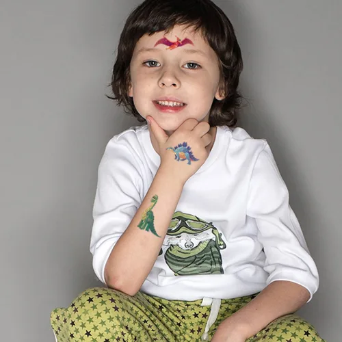 Miniatura 6 de CHARLENT 110 estilos de tatuajes temporales de dinosaurios con purpurina para niños, 14 hojas de tatuajes de dinosaurios con purpurina para niños