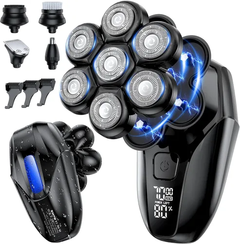 Afeitadoras de cabeza para hombres calvos, kit de aseo eléctrico 5 en 1, 7D flotante IPX7, impermeable, recargable, para cabeza calva, vello