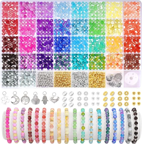 Miniatura 10 de 1368 piezas de cuentas de vidrio de 6 mm para pulseras, 34 colores de cuentas de cristal para hacer joyas, cuentas redondas de vidrio Funtopia