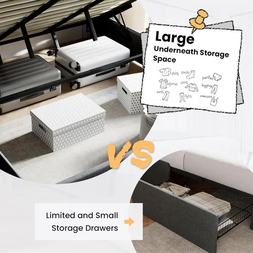 Miniatura 3 de SHA CERLIN Cama de Almacenamiento Elevable Tamaño Queen/Cabecera Moderna Tipo Wingback/Marco de Cama Plataforma Tapizada/Almacenamiento Gris azulado