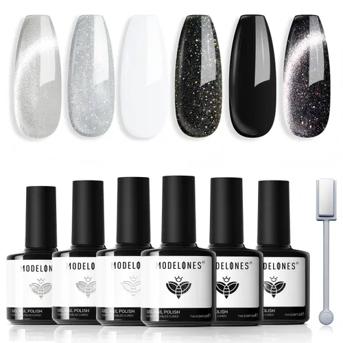 Miniatura 14 de modelones - Juego de 6 esmaltes en gel con efecto de ojo de gato cristalino, holográfico 9D, brillantina, negro, azul, morado, verde, con imán