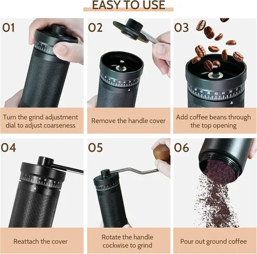 Miniatura 6 de Molinillo de café manual con ajustes ajustables externos digitales, molinillo de mano portátil con rebabas cónicas de acero inoxidable, capacidad