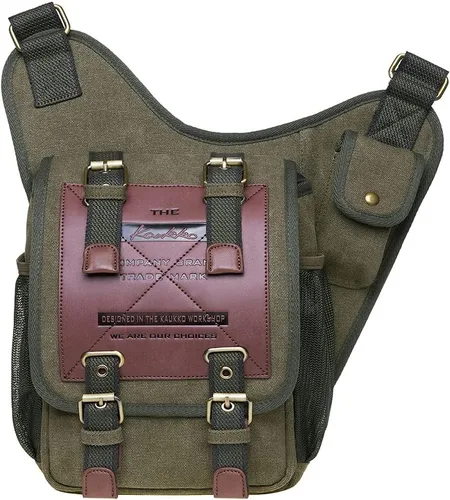 Miniatura 10 de Bolso de mensajero de lona vintage para hombre, bolso de mensajero de retazos de cuero en el pecho 3-3-ejército Verde