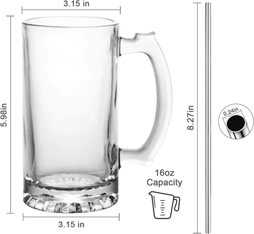 Miniatura 2 de QAPPDA Juego de tazas de cerveza, tazas de vidrio con asa de 16 onzas, vasos de cerveza grandes para congelador, tazas de agua para bebidas frías