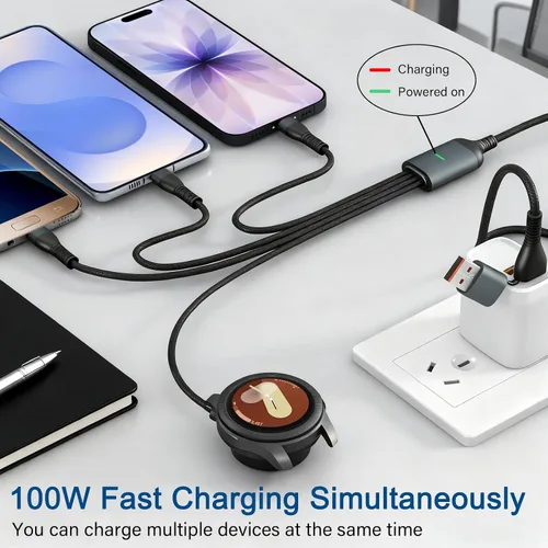 Miniatura 2 de Cable de carga múltiple 4 en 2 de 100 W para Samsung Galaxy Watch 8/7/6/5, cargador magnético para Samsung Watch y teléfono, USB C/Lightning/Micro