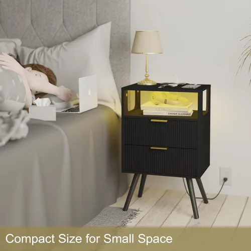 Miniatura 4 de JOONEE - Mesita de noche negra con estación de carga y luces LED, mesa de noche moderna con 2 cajones de almacenamiento y estante de madera abierto
