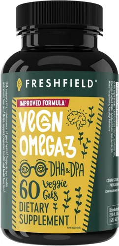 Freshfield Omega 3 vegano, aceite de algas (algas), empresa libre de aceite de pescado, probado por terceros, sin carragenano, suplemento de DHA con