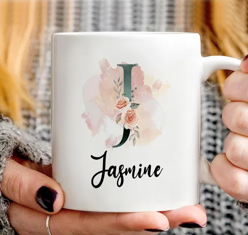 Miniatura 3 de PREZZY Taza personalizada con letra J con inicial, monograma personalizado, taza de café floral, regalos para mujeres, hombres, familiares, amigos