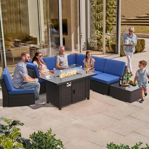 Miniatura 6 de Juego de 8 muebles de patio al aire libre con mesa para fogata de propano de 46 pulgadas, muebles de mimbre de polietileno marrón, sofá seccional