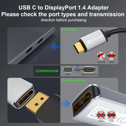 Miniatura 5 de Adaptador unidireccional USB C a DisplayPort 1.4 de 32.4 Gbps, 4K a 240 Hz, 8K a 60 Hz y soporte HDR, Thunderbolt 3/4 a puerto de pantalla