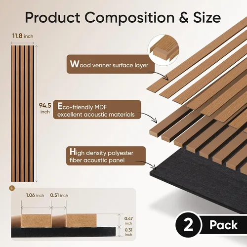 Miniatura 3 de Paquete de 2 paneles acústicos de listones de madera para pared y techo, paneles de pared de madera insonorizantes de 94.49"×12.80" para decoración