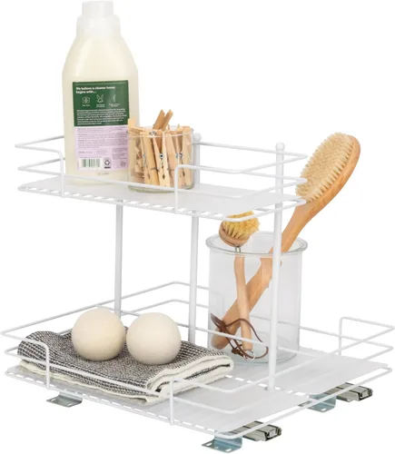 Miniatura 17 de Household Essentials Organizador de despensa de dos niveles de acero blanco con detalles de plástico forrado limpio