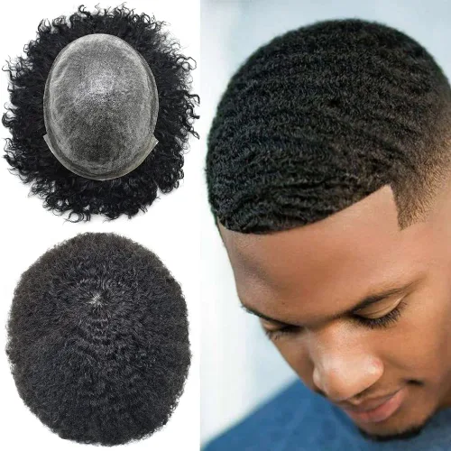 Afro Toupee para hombres negros, piel de polietileno completa, onda de inyección de poliuretano, sistema de repuesto de cabello humano afroamericano