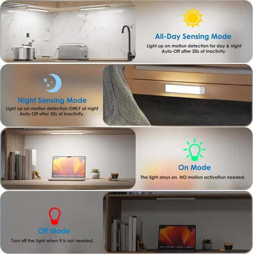 Miniatura 5 de Luces con sensor de movimiento para debajo del gabinete, luz magnética recargable debajo del armario, barra de luz nocturna inalámbrica adhesiva