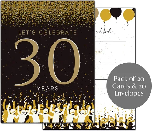 Elcer Invitaciones para fiesta de cumpleaños número 30 | Celebración de 30 años | Feliz aniversario | 5 x 7 | Negro y dorado | Estilo de relleno de