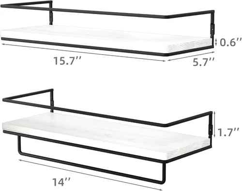 Miniatura 3 de ZGO Juego de 2 estantes flotantes para pared, estantes de almacenamiento montados en la pared con marco de metal negro y toallero para baño, Blanco