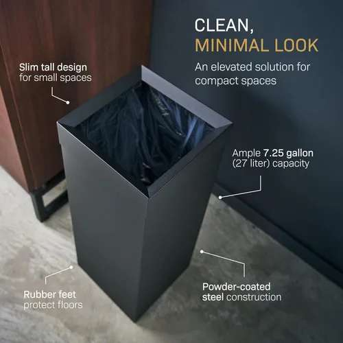 Miniatura 3 de YAMAZAKI Home - Cubo de basura delgado y alto, moderno, cuadrado, de acero con asa, cubo de basura de metal negro para cocina, baño u oficina, 7.25