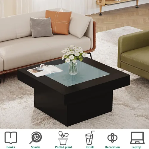 Miniatura 5 de Mesa de centro cuadrada con luces LED, mesas de centro de 35.4 pulgadas para sala de estar, mesa de centro de cristal templado, mesa central moderna