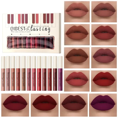 Miniatura 2 de Juego de 12 lápices labiales mate de maquillaje, desnudos clásicos y rojos atrevidos, taza antiadherente, no se decolora, lápiz labial líquido