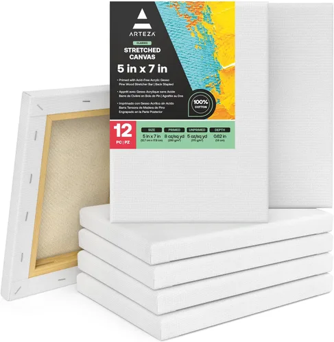 ARTEZA Lienzo estirado, 5 x 7 pulgadas, paquete de 12, lienzo blanco en blanco para pintura para pinturas acrílicas, óleo y gouache