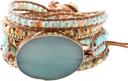 Pulsera de cuero hecha a mano con cuentas de cristal natural, estilo bohemio, Adjustable, piedra natural