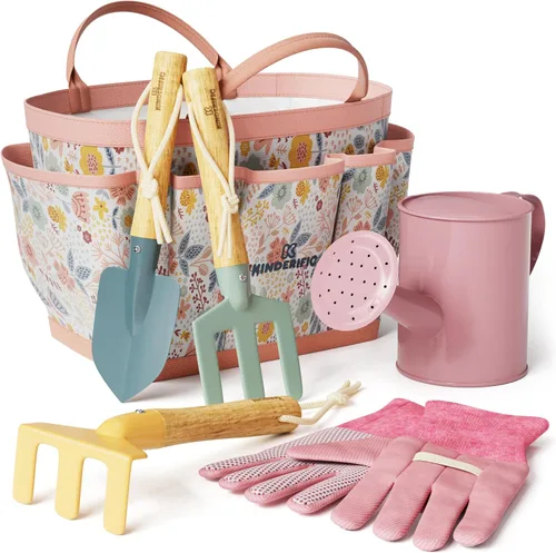 Juego de jardinería, kit de herramientas, para niños, STEM, incluye bolsa de mano, pala, regadera, rastrillo, tenedor, paleta y guantes (Petal)