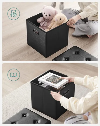 Miniatura 6 de Otomana plegable por Songmics, cubo de almacenamiento de 15 pulgadas con agujero y asa, piel sintética, Madera, Negro