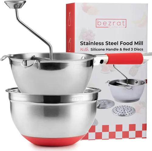 Miniatura 7 de Molino de alimentos de acero inoxidable – 3 discos de molinillo de alimentos – Enricer de patatas para puré de papas – Manivela de mano
