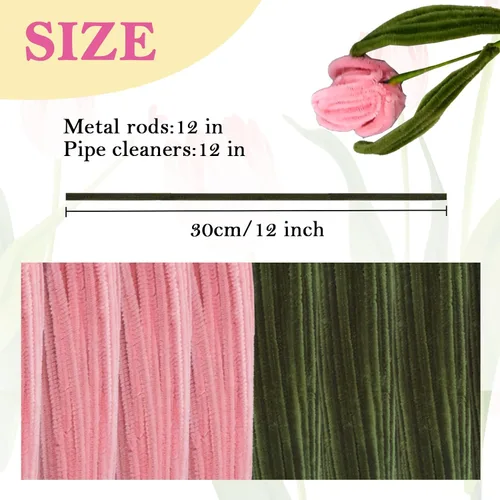 Miniatura 4 de iCraftine Kit de flores limpiadoras de tuberías, incluye tallos de chenilla rosa y verde, tallo floral, cinta de jardinería, cinta para hacer ramo