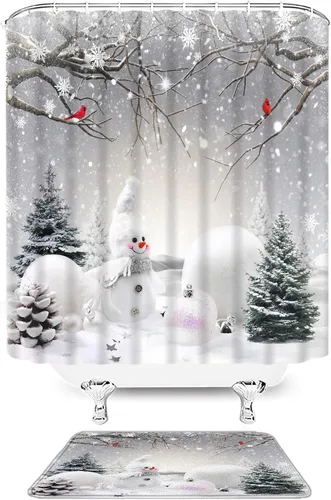 Miniatura 37 de Juego de 4 cortinas de ducha de muñeco de nieve con alfombra, diseño de árbol de pinos de invierno, lindo muñeco de nieve azul, juego de baño