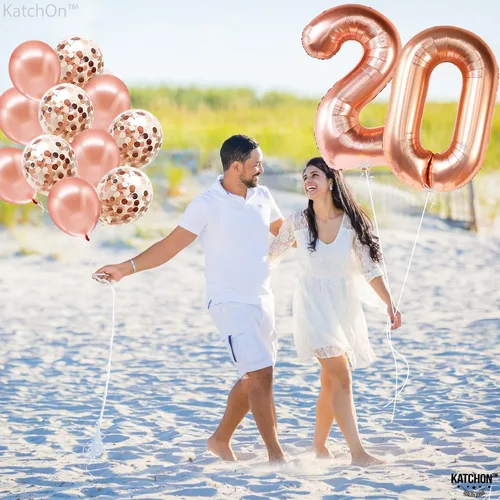 Miniatura 8 de KatchOn, Globos de oro rosa con el número 20 de 40 pulgadas, paquete de 12, 20 globos con confeti, bonitas decoraciones de cumpleaños de 20 años