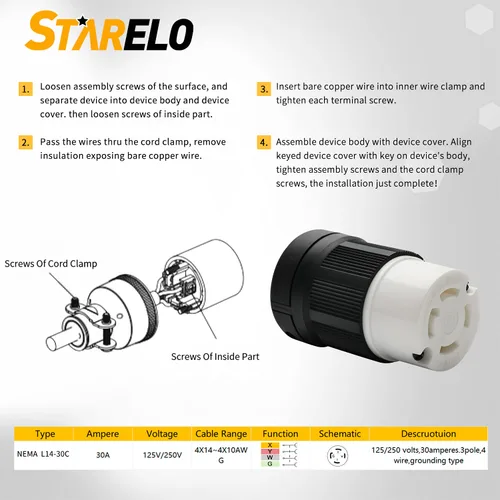 Miniatura 3 de STARELO Enchufe de bloqueo de 30 amperios/conector para grupo electrógeno, NEMA L14-30P y L14-30C, 125/250V 3 polos 4 cables con conexión a tierra