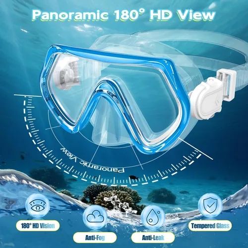 Miniatura 3 de 2 juegos de equipo de esnórquel para niños de 3 a 14 años, antivaho 180° Clear View Dry Top Snorkel Set, máscara de natación con cubierta nasal