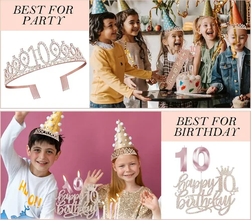 Miniatura 6 de Decoraciones de cumpleaños de 10 años para niña, banda y corona de cumpleaños de 10 años, adorno para pastel, velas numeradas y globos, regalos