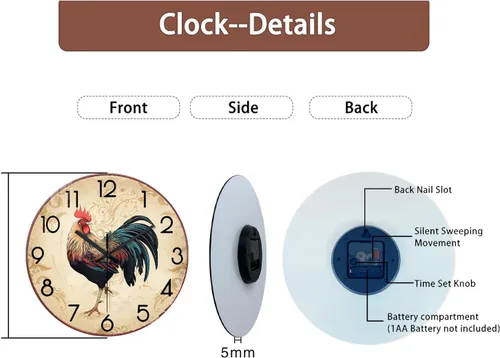 Miniatura 7 de XNM Relojes de pared de gallo marrón con batería de 14 pulgadas, relojes de cocina de granja de vidrio, relojes de pared analógicos de animales, sin