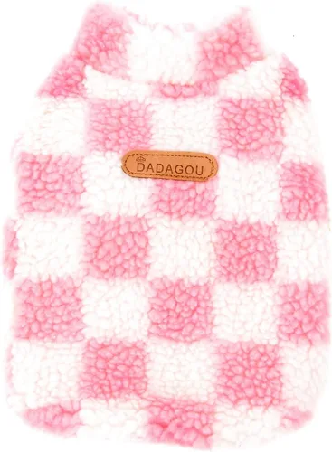 Miniatura 4 de Zunea Abrigo mullido para perros pequeños, hembras y niños, chaqueta de invierno de forro polar cálido, abrigo a cuadros, ropa mullida para Rosado