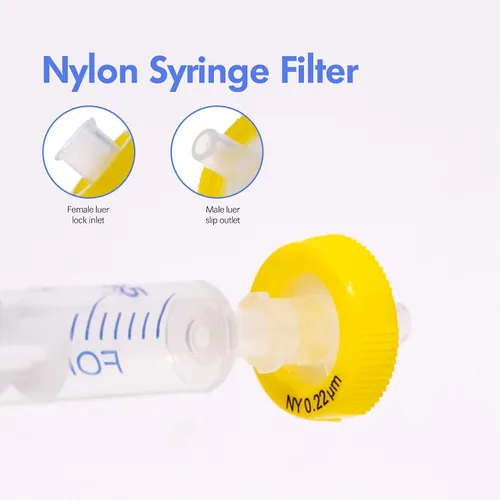Miniatura 3 de filtros de jeringa, filtración hidrofílica de nailon, 0,22 um micrón, tamaño de poro, 0.512 in, diámetro de membrana, disco de membrana de nailon