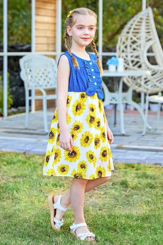 Miniatura 6 de Enlifety - Vestidos de princesas para niñas pequeñas, sin mangas, blusa de mezclilla y faldas de tutú con estampado floral, vestido de verano de una