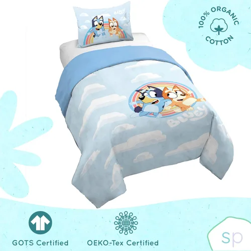 Miniatura 4 de Saturday Park - Juego de edredón y funda de almohada para cama individual de Bluey y Bingo con nubes arcoíris - Juego de 2 piezas 100% algodón