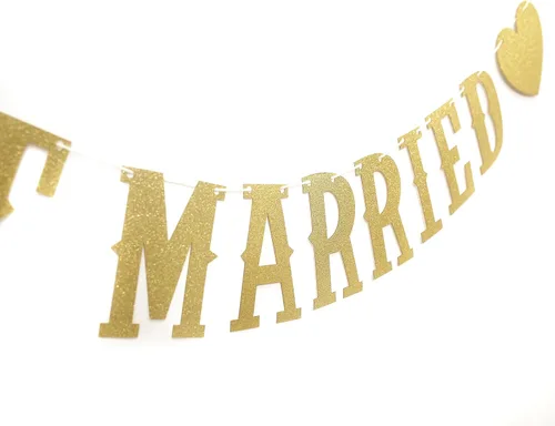 Miniatura 7 de Banner dorado con purpurina de recién casado – Cartel de boda DIY Just Married – Cartel Just Married para decoración de despedida de soltera
