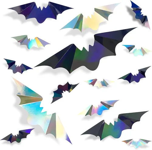 Miniatura 7 de 72 piezas de murciélagos para decoración de Halloween, murciélagos iridiscentes 3D, decoración de pared, papel holográfico negro y morado