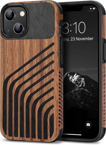 Miniatura 16 de TENDLIN Funda Magnética Compatible con iPhone 14 Plus Funda de Madera con Textura de Fibra de Carbono Diseño Híbrido de Cuero Cubierta Delgada Negro