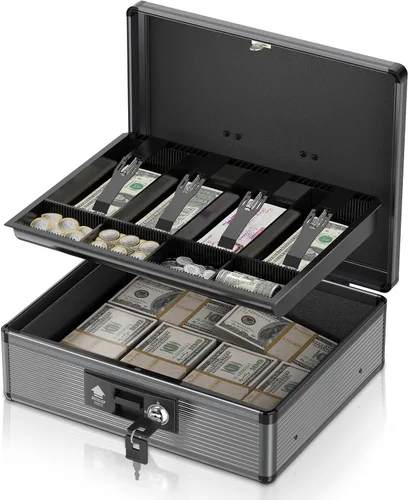 Caja de Efectivo con Cerradura con Bandeja para Dinero y Llave, Caja Fuerte Segura para Efectivo, Caja de Dinero Portátil con Espacios de