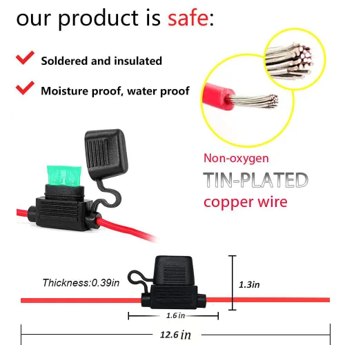 Miniatura 3 de VANTRONIK Portafusibles en línea mediano impermeable con cable AWG calibre 10 de 12.6 pulgadas de largo, apto para fusibles de automóvil estándar