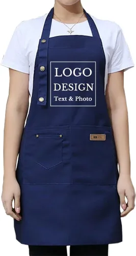 Miniatura 14 de Delantal personalizado para hombres y mujeres, delantales de lona de cocina personalizados con bolsillos, nombre, texto, logotipo, imagen Negro-1